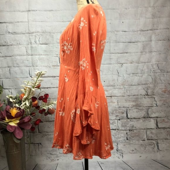 New Free People Jasmine embroidered faux wrap surplice trumpet sleeve mini dress - Picture 8 of 16